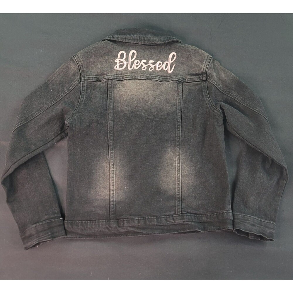 Emma & Elsa Girls Jacket Black Denim Blessed Embroidered 7/8S Button